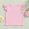 imageKuriozud Toddler Baby Girl Flutter Sleeve Top Ruffle T Shirt Cotton Tee Solid Color Basic Tops ClothesPink