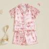 imageKuriozud Toddler Baby Kids Satin Pajamas Short Sleeve Button Down 2 Piece Pajama Set Little Girl Sleepwear Summer PajamasA Bowpink