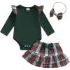 imageKuriozud Cute Newborn Baby Girl Fall Winter Outfit Long Sleeve Ruffle Romper Plaid Bow Skirt Set Headband 3 Piece ClothesChristmas Plaid Skirt  Green