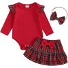 imageKuriozud Cute Newborn Baby Girl Fall Winter Outfit Long Sleeve Ruffle Romper Plaid Bow Skirt Set Headband 3 Piece ClothesChristmas Plaid Skirt  Red