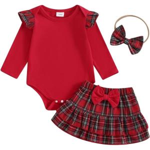 imageKuriozud Cute Newborn Baby Girl Fall Winter Outfit Long Sleeve Ruffle Romper Plaid Bow Skirt Set Headband 3 Piece ClothesChristmas Plaid Skirt  Red