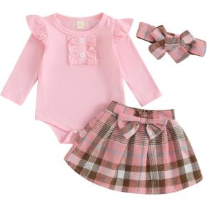 imageKuriozud Cute Newborn Baby Girl Fall Winter Outfit Long Sleeve Ruffle Romper Plaid Bow Skirt Set Headband 3 Piece ClothesPlaid Skirt  Pink