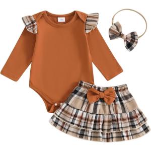 imageKuriozud Cute Newborn Baby Girl Fall Winter Outfit Long Sleeve Ruffle Romper Plaid Bow Skirt Set Headband 3 Piece ClothesPlaid Skirt  Ruffle Romper Light Brown
