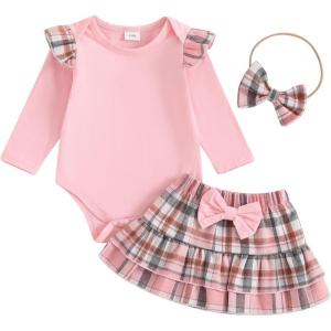 imageKuriozud Cute Newborn Baby Girl Fall Winter Outfit Long Sleeve Ruffle Romper Plaid Bow Skirt Set Headband 3 Piece ClothesPlaid Skirt  Ruffle Romper Pink