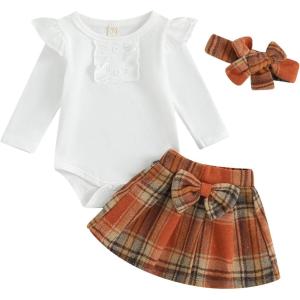 imageKuriozud Cute Newborn Baby Girl Fall Winter Outfit Long Sleeve Ruffle Romper Plaid Bow Skirt Set Headband 3 Piece ClothesPlaid Skirt  White
