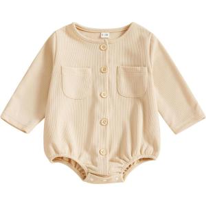 imageKuriozud Newborn Baby Boy Girl Clothes Button Long Sleeve Romper Jumpsuit Basic Infant Neutral One Piece OutfitButton Apricot