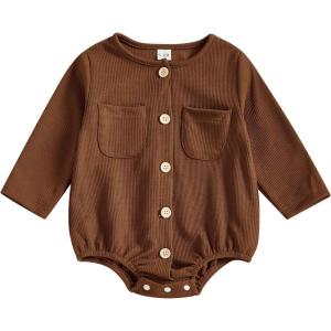 imageKuriozud Newborn Baby Boy Girl Clothes Button Long Sleeve Romper Jumpsuit Basic Infant Neutral One Piece OutfitButton Brown