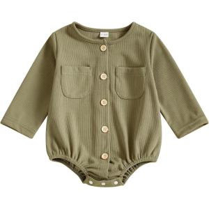 imageKuriozud Newborn Baby Boy Girl Clothes Button Long Sleeve Romper Jumpsuit Basic Infant Neutral One Piece OutfitButton Green