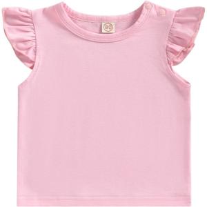 imageKuriozud Toddler Baby Girl Flutter Sleeve Top Ruffle T Shirt Cotton Tee Solid Color Basic Tops ClothesPink