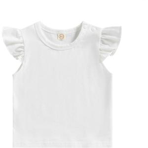 imageKuriozud Toddler Baby Girl Flutter Sleeve Top Ruffle T Shirt Cotton Tee Solid Color Basic Tops ClothesRuffle Short Sleeve White