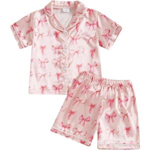 imageKuriozud Toddler Baby Kids Satin Pajamas Short Sleeve Button Down 2 Piece Pajama Set Little Girl Sleepwear Summer PajamasA Bowpink
