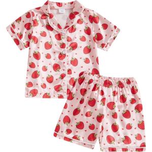 imageKuriozud Toddler Baby Kids Satin Pajamas Short Sleeve Button Down 2 Piece Pajama Set Little Girl Sleepwear Summer PajamasA Strawberryred