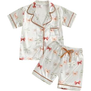 imageKuriozud Toddler Baby Kids Satin Pajamas Short Sleeve Button Down 2 Piece Pajama Set Little Girl Sleepwear Summer PajamasB Bowchampagne