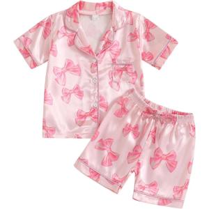 imageKuriozud Toddler Baby Kids Satin Pajamas Short Sleeve Button Down 2 Piece Pajama Set Little Girl Sleepwear Summer PajamasB Bowmulticolor
