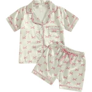 imageKuriozud Toddler Baby Kids Satin Pajamas Short Sleeve Button Down 2 Piece Pajama Set Little Girl Sleepwear Summer PajamasB Bowpink