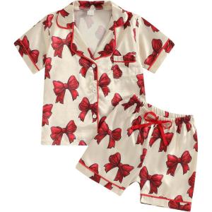 imageKuriozud Toddler Baby Kids Satin Pajamas Short Sleeve Button Down 2 Piece Pajama Set Little Girl Sleepwear Summer PajamasB Bowred
