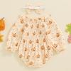 imageKuriozud Baby Girl Halloween OutfitsLinen Pumpkin Onesie Long Sleeve Ruffle Romper Bow Headband Newborn Infant Fall ClothesApricot