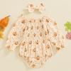 imageKuriozud Baby Girl Halloween OutfitsLinen Pumpkin Onesie Long Sleeve Ruffle Romper Bow Headband Newborn Infant Fall ClothesApricot
