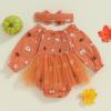imageKuriozud Baby Girl Halloween OutfitsLinen Pumpkin Onesie Long Sleeve Ruffle Romper Bow Headband Newborn Infant Fall ClothesOrange