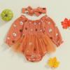 imageKuriozud Baby Girl Halloween OutfitsLinen Pumpkin Onesie Long Sleeve Ruffle Romper Bow Headband Newborn Infant Fall ClothesOrange