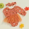 imageKuriozud Baby Girl Halloween OutfitsLinen Pumpkin Onesie Long Sleeve Ruffle Romper Bow Headband Newborn Infant Fall ClothesOrange
