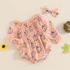 imageKuriozud Baby Girl Halloween OutfitsLinen Pumpkin Onesie Long Sleeve Ruffle Romper Bow Headband Newborn Infant Fall ClothesOrange Pink