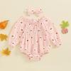 imageKuriozud Baby Girl Halloween OutfitsLinen Pumpkin Onesie Long Sleeve Ruffle Romper Bow Headband Newborn Infant Fall ClothesPink