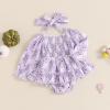 imageKuriozud Baby Girl Halloween OutfitsLinen Pumpkin Onesie Long Sleeve Ruffle Romper Bow Headband Newborn Infant Fall ClothesPurple