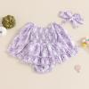 imageKuriozud Baby Girl Halloween OutfitsLinen Pumpkin Onesie Long Sleeve Ruffle Romper Bow Headband Newborn Infant Fall ClothesPurple