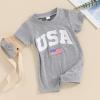 imageKuriozud Newborn Baby Boy Girl 4th of July Outfit American Flag Embroidery Short Sleeve Romper Jumpsuit Spring Summer ClothesAmerican Flag Grey