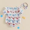 imageKuriozud Newborn Baby Girl 4th of July Outfit American Flag Bubble Romper Jumpsuit Infant Girl Fourth of July Summer ClothesRed White and Blue Bow