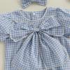 imageKuriozud Newborn Baby Girl Clothes Bow Bubble Romper Short Sleeve Jumpsuit Cute Baby Girl Outfit Summer ClothingPlaid Blue