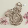 imageKuriozud Newborn Baby Girl Clothes Bow Bubble Romper Short Sleeve Jumpsuit Cute Baby Girl Outfit Summer ClothingPlaid Khaki