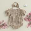imageKuriozud Newborn Baby Girl Clothes Bow Bubble Romper Short Sleeve Jumpsuit Cute Baby Girl Outfit Summer ClothingPlaid Khaki