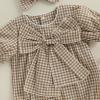 imageKuriozud Newborn Baby Girl Clothes Bow Bubble Romper Short Sleeve Jumpsuit Cute Baby Girl Outfit Summer ClothingPlaid Khaki