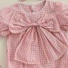 imageKuriozud Newborn Baby Girl Clothes Bow Bubble Romper Short Sleeve Jumpsuit Cute Baby Girl Outfit Summer ClothingPlaid Pink