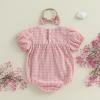 imageKuriozud Newborn Baby Girl Clothes Bow Bubble Romper Short Sleeve Jumpsuit Cute Baby Girl Outfit Summer ClothingPlaid Pink