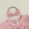 imageKuriozud Newborn Baby Girl Clothes Bow Bubble Romper Short Sleeve Jumpsuit Cute Baby Girl Outfit Summer ClothingPlaid Pink