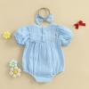 imageKuriozud Newborn Baby Girl Clothes Bow Bubble Romper Short Sleeve Jumpsuit Cute Baby Girl Outfit Summer ClothingSolid Blue