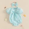 imageKuriozud Newborn Baby Girl Clothes Bow Bubble Romper Short Sleeve Jumpsuit Cute Baby Girl Outfit Summer ClothingStriped Blue