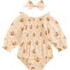 imageKuriozud Baby Girl Halloween OutfitsLinen Pumpkin Onesie Long Sleeve Ruffle Romper Bow Headband Newborn Infant Fall ClothesApricot