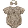 imageKuriozud Newborn Baby Girl Clothes Bow Bubble Romper Short Sleeve Jumpsuit Cute Baby Girl Outfit Summer ClothingPlaid Khaki