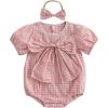imageKuriozud Newborn Baby Girl Clothes Bow Bubble Romper Short Sleeve Jumpsuit Cute Baby Girl Outfit Summer ClothingPlaid Pink