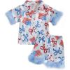 imageKuriozud Toddler Girl Pajamas 4th Of July Baby Silk Satin Nightgown Girls Fourth Of July Pjs Button Down 2Pcs Pajamas SetBow Print Light Blue