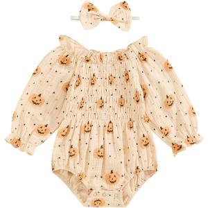 imageKuriozud Baby Girl Halloween OutfitsLinen Pumpkin Onesie Long Sleeve Ruffle Romper Bow Headband Newborn Infant Fall ClothesApricot