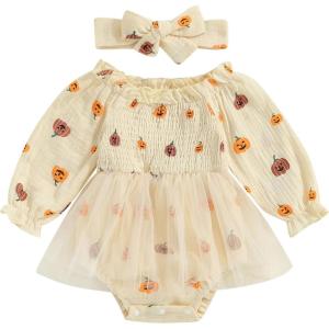 imageKuriozud Baby Girl Halloween OutfitsLinen Pumpkin Onesie Long Sleeve Ruffle Romper Bow Headband Newborn Infant Fall ClothesApricot B
