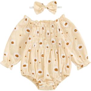 imageKuriozud Baby Girl Halloween OutfitsLinen Pumpkin Onesie Long Sleeve Ruffle Romper Bow Headband Newborn Infant Fall ClothesApricot a