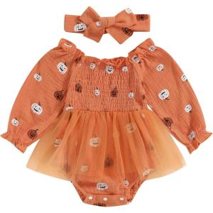 imageKuriozud Baby Girl Halloween OutfitsLinen Pumpkin Onesie Long Sleeve Ruffle Romper Bow Headband Newborn Infant Fall ClothesOrange