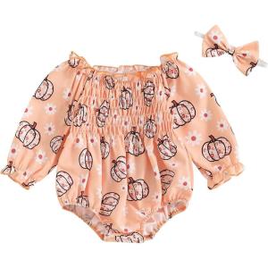imageKuriozud Baby Girl Halloween OutfitsLinen Pumpkin Onesie Long Sleeve Ruffle Romper Bow Headband Newborn Infant Fall ClothesOrange Pink