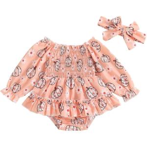 imageKuriozud Baby Girl Halloween OutfitsLinen Pumpkin Onesie Long Sleeve Ruffle Romper Bow Headband Newborn Infant Fall ClothesOrange Pink a